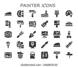painter icon set. 30 filled painter icons.  Simple modern icons about  - Beret, Paint palette, Roller, Paint brush, Color palette, Compressor, Paint roller, Painting brush, Brush