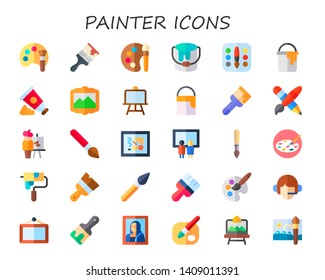 painter icon set. 30 flat painter icons.  Simple modern icons about  - color palette, paint brush, paint bucket, palette, paint tube, painting, canvas, pen and brush, easel