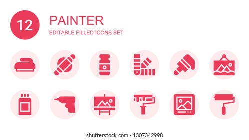 painter icon set. Collection of 12 filled painter icons included Brush, Roller, Paint tube, Palette, Paint can, Caulk gun, Painting, Paint roller, Digital picture frame, Art