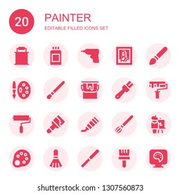 painter icon set. Collection of 20 filled painter icons included Paint bucket, Paint can, Caulk gun, Art, Brush, Painting palette, Paint roller, tube, brush