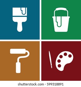 painter icons set. Set of 4 painter filled icons such as paint bucket, paint brush, paint roller