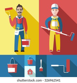 Iconos del pintor fijados con los constructores y las herramientas para pintar