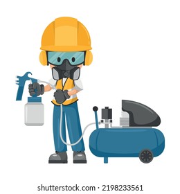 Painter industrial worker with personal protective equipment using an air compressor spray gun. Industrial safety and occupational health at work