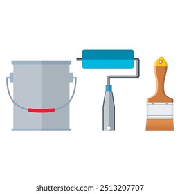 Instrumento de pintura para pintar o jarro de pintura de rolo de pincel plano. Isolado no fundo branco. Ilustração vetorial em estilo plano