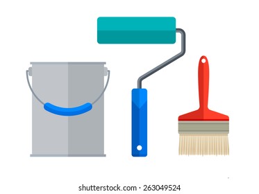Painter instrument for painting flat brush roller paint jar. Eps10 vector illustration. Isolated on white background