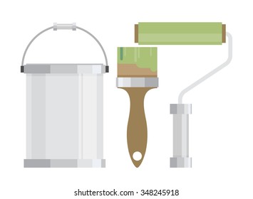 Painter instrument for painting flat brush roller paint jar. Eps10 vector illustration. Isolated on white background