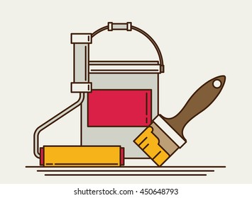 Painter instrument for painting flat brush roller paint jar. Eps10 vector illustration.