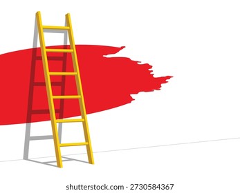 Escada de pintura contra a parede, fundo vermelho do traço do pincel acrílico, ilustração conceito de renovação para a melhoria da casa