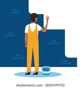 painter man with brush and bucket design of remodeling construction working and repairing theme Vector illustration