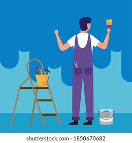 painter man with brush and tools bucket on ladder design of remodeling construction working and repairing theme Vector illustration