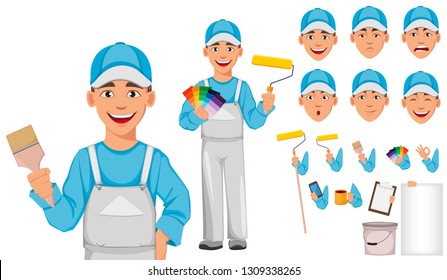 Painter man. Decorator cartoon character. Pack of body parts, emotions and things. Build your own design. Vector illustration on white background.