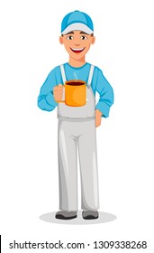 Painter man holding big cup of coffee. Decorator cartoon character. Vector illustration on white background.