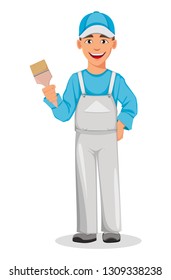 Painter man holding paint brush. Decorator cartoon character. Vector illustration on white background.