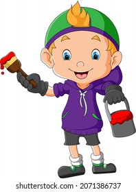 The painter man is holding a paint pail and brush of illustration