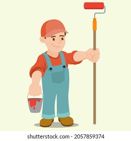 Painter man is holding a paint roller in hand