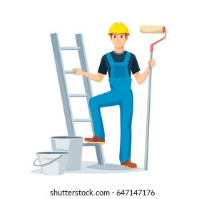 Painter Man Overalls Painting Roller Bucket Stock Vector (Royalty Free ...