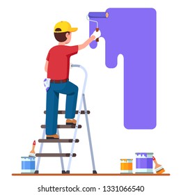 Painter man painting house wall with roller brush standing on step ladder. Worker guy using paint-roller & paint cans. Decorator job, interior renovation service. Flat vector character illustration