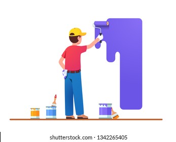 Painter Man Painting House Wall With Roller Brush. Worker Guy Using Paint-roller & Paint Cans. Decorator Job, Interior Renovation Service. Flat Vector Character Illustration