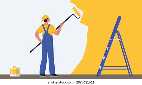 Painter man painting house wall with roller brush. Worker guy using paint-roller and paint cans. Decorator job, interior renovation service. Flat vector character illustration
