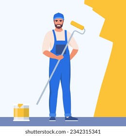 Painter man painting house wall with roller brush. Worker guy using paint-roller and paint cans. Decorator job, interior renovation service. Flat vector character illustration