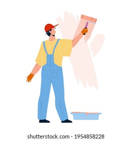 Painter Man Painting Wall With Roller Tool Vector. Painter Boy Renovating And Coloring Room With Paintbrush. Character Repairman Profession, Renovation House Or Office Flat Cartoon Illustration