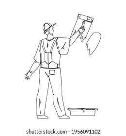 Painter Man Painting Wall With Roller Tool Black Line Pencil Drawing Vector. Painter Boy Renovating And Coloring Room With Paintbrush. Character Repairman Profession, Renovation House Or Office 