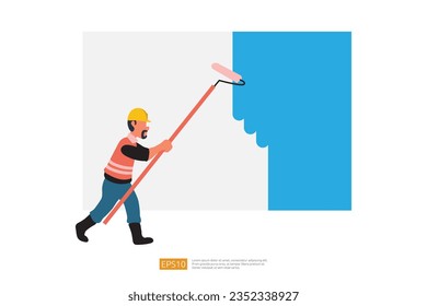 Painter man Painting Wall with Roller Brush. Vector Illustration of Construction Worker Character