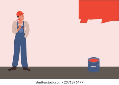 Painter man painting wall with roller brush