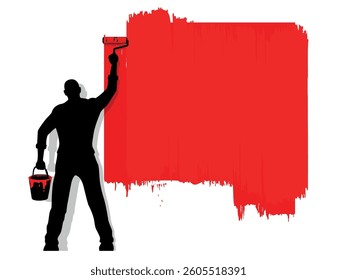 Painter man painting wall with roller brush in red color. Vector template for copy past you text 
