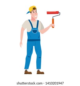 Painter man paints the wall is holding a paint roller in hand, profession, character, uniform, bucket. Vector illustration of cartoon flat design style, isolated