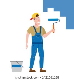 Painter man paints the wall is holding a paint roller in hand, profession, character, uniform, bucket. Vector illustration of cartoon flat design style, isolated
