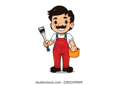 Painter Man in professional re and blue Uniform holding paint brush Mascot Logo Vector Sublimation Design	
