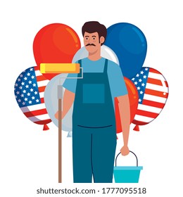 painter man with roll bucket and usa balloons design, Labor day holiday and patriotic theme Vector illustration