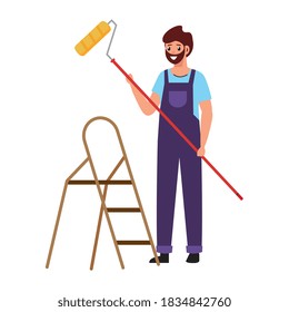 painter man with roll and ladder design of remodeling working and repairing theme Vector illustration