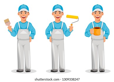 Painter man, set of three poses. Decorator cartoon character holding paint brush, holding paint roller and holding a cup of hot coffee. Vector illustration on white background.