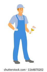 Painter man is standing with a paint brush in his work clothes. Vector cartoon flat character  illustration isolated on white background