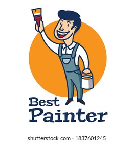 Painter mascot character vector illustration in retro vintage style, perfect for painting and home care renovation services logo design
