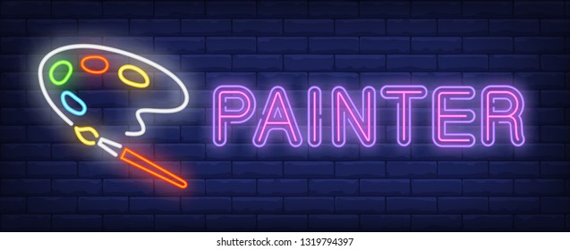 Painter neon text with palette with brush. Painting and art supplies design. Night bright neon sign, colorful billboard, light banner. Vector illustration in neon style.