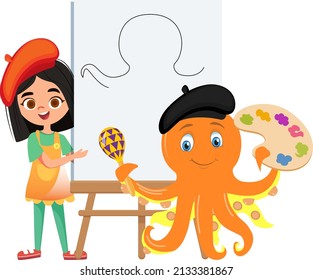 painter octopus and little painter girl