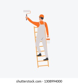 Painter on ladder flat icon. Decorator, painting, bucket, roller. Labor concept. Can be used for topics like construction site, home repair, renovation