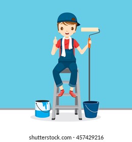 Painter On Ladder Front Wall People Stock Vector (Royalty Free) 457429216