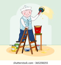 Painter on a ladder, hand drawn vector illustration