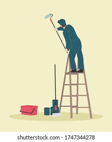 
A painter on a ladder painting the wall. The man is holding a paint roller in his hand. Vector illustration flat design. Handyman for construction work. Customer service. Uniformed worker.