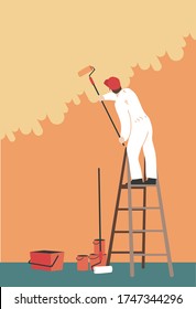 
A painter on a ladder painting the wall. The man is holding a paint roller in his hand. Vector illustration flat design. Handyman for construction work. Customer service. Uniformed worker.