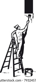Painter on a ladder, Retro and Vintage Illustration in the typical Swiss Illustration Style of the Fifties, Sixties and Seventies
