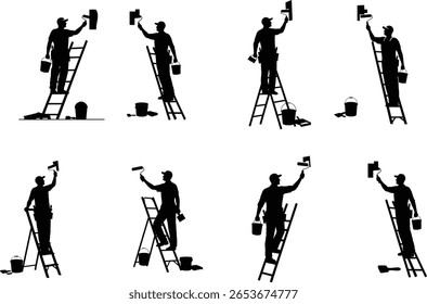 Pintor em conjunto de vetor de silhueta de escada | Homem no trabalho Pintura parede com rolo Ícones de melhoria e renovação | Home