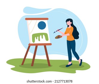 Painter on nature. Girl draws what she sees, young artist, art and creativity. Landscape picture, useful hobby. Abstract images, graphic elements for site, activity. Cartoon flat vector illustration