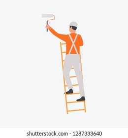 Painter on stairs holding roller. Decorator, design, worker. Can be used for topics like development, industrial