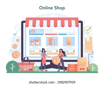 Painter online service or platform. People in the uniform paint the wall with paint roller and plastering a wall with spatula. Online shop. Vector flat illustration