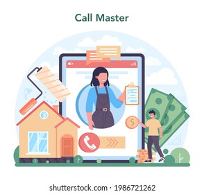 Painter online service or platform. People in the uniform paint the wall with paint roller and plastering a wall with spatula. Online call to master. Vector flat illustration